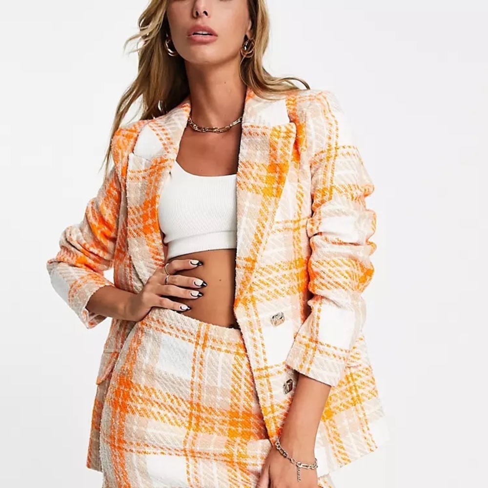 River Island Orange checked boucle tailored blazer